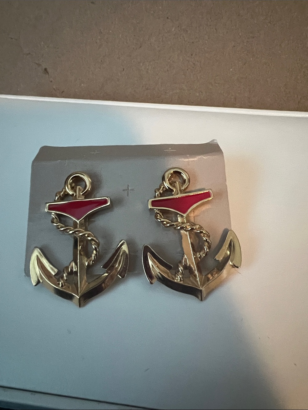 Vintage Avon Gold tone Anchor Earrings with Red Accent pierced